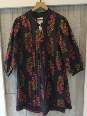 Umgee Black Midi Dress with Pink Floral and Olive Leaves